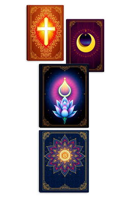 A series of beautifully designed book covers for religious texts, featuring vibrant colors and intricate symbols associated with various faiths such as Christianity, Islam, Hinduism, and Buddhism