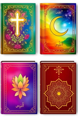 A series of beautifully designed book covers for religious texts, featuring vibrant colors and intricate symbols associated with various faiths such as Christianity, Islam, Hinduism, and Buddhism