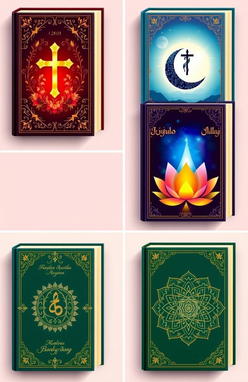 A series of beautifully designed book covers for religious texts, featuring vibrant colors and intricate symbols associated with various faiths such as Christianity, Islam, Hinduism, and Buddhism