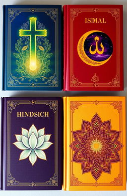 A series of beautifully designed book covers for religious texts, featuring vibrant colors and intricate symbols associated with various faiths such as Christianity, Islam, Hinduism, and Buddhism
