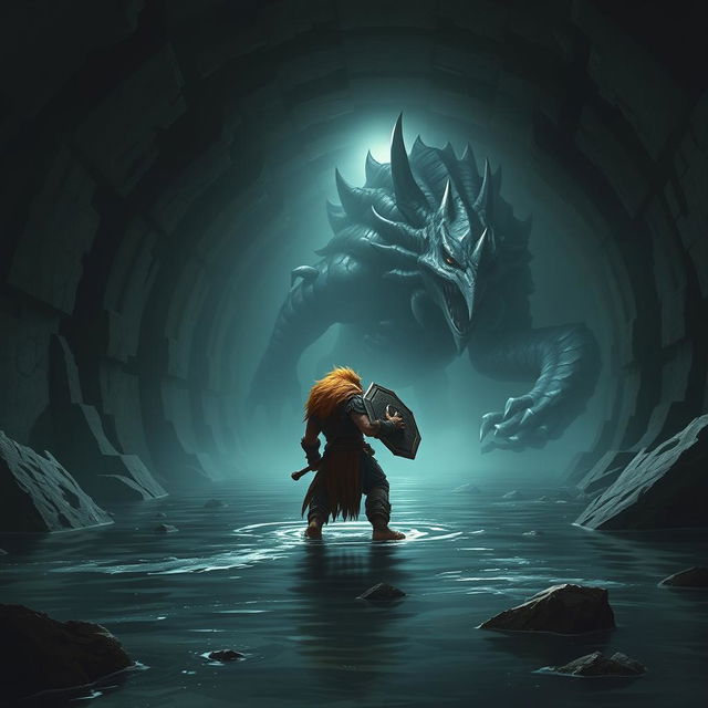 A lush-maned leonin half-man half-lion paladin, depicted in heroic detail, fiercely confronts a massive aboleth in a dark, ominous Gordian water tunnel filled with intricate stonework