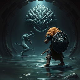 A lush-maned leonin half-man half-lion paladin, depicted in heroic detail, fiercely confronts a massive aboleth in a dark, ominous Gordian water tunnel filled with intricate stonework