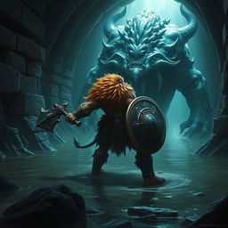 A lush-maned leonin half-man half-lion paladin, depicted in heroic detail, fiercely confronts a massive aboleth in a dark, ominous Gordian water tunnel filled with intricate stonework