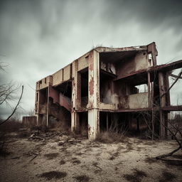 An old, dilapidated building in a desolate, apocalyptic environment