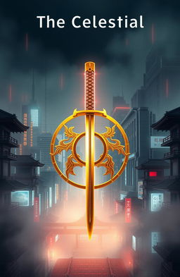 A striking science fiction book cover featuring a futuristic cityscape in a neo Kyoto style, with glowing neon lights and towering skyscrapers soaked in a misty atmosphere