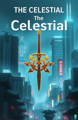 A striking science fiction book cover featuring a futuristic cityscape in a neo Kyoto style, with glowing neon lights and towering skyscrapers soaked in a misty atmosphere