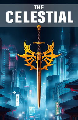 A striking science fiction book cover featuring a futuristic cityscape in a neo Kyoto style, with glowing neon lights and towering skyscrapers soaked in a misty atmosphere