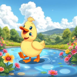 A cute and colorful cartoon duck waddling happily along a pond, surrounded by vibrant flowers and green foliage