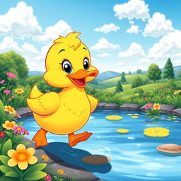 A cute and colorful cartoon duck waddling happily along a pond, surrounded by vibrant flowers and green foliage