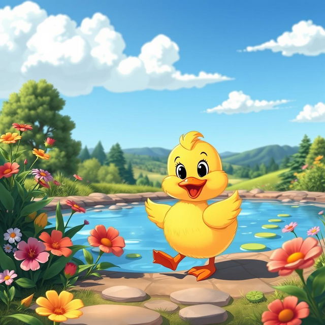 A cute and colorful cartoon duck waddling happily along a pond, surrounded by vibrant flowers and green foliage