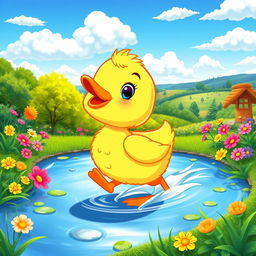 A cute and colorful cartoon duck waddling happily along a pond, surrounded by vibrant flowers and green foliage
