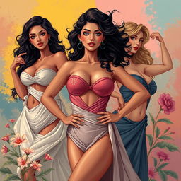 A stylized artistic representation of the female form celebrating body positivity and empowerment, featuring beautifully detailed, tasteful depictions of women in a safe, artistic context