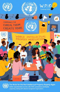 A vibrant and dynamic illustration representing a creative community engaged in collaboration with UN organizations, specifically the World Intellectual Property Organization (WIPO)