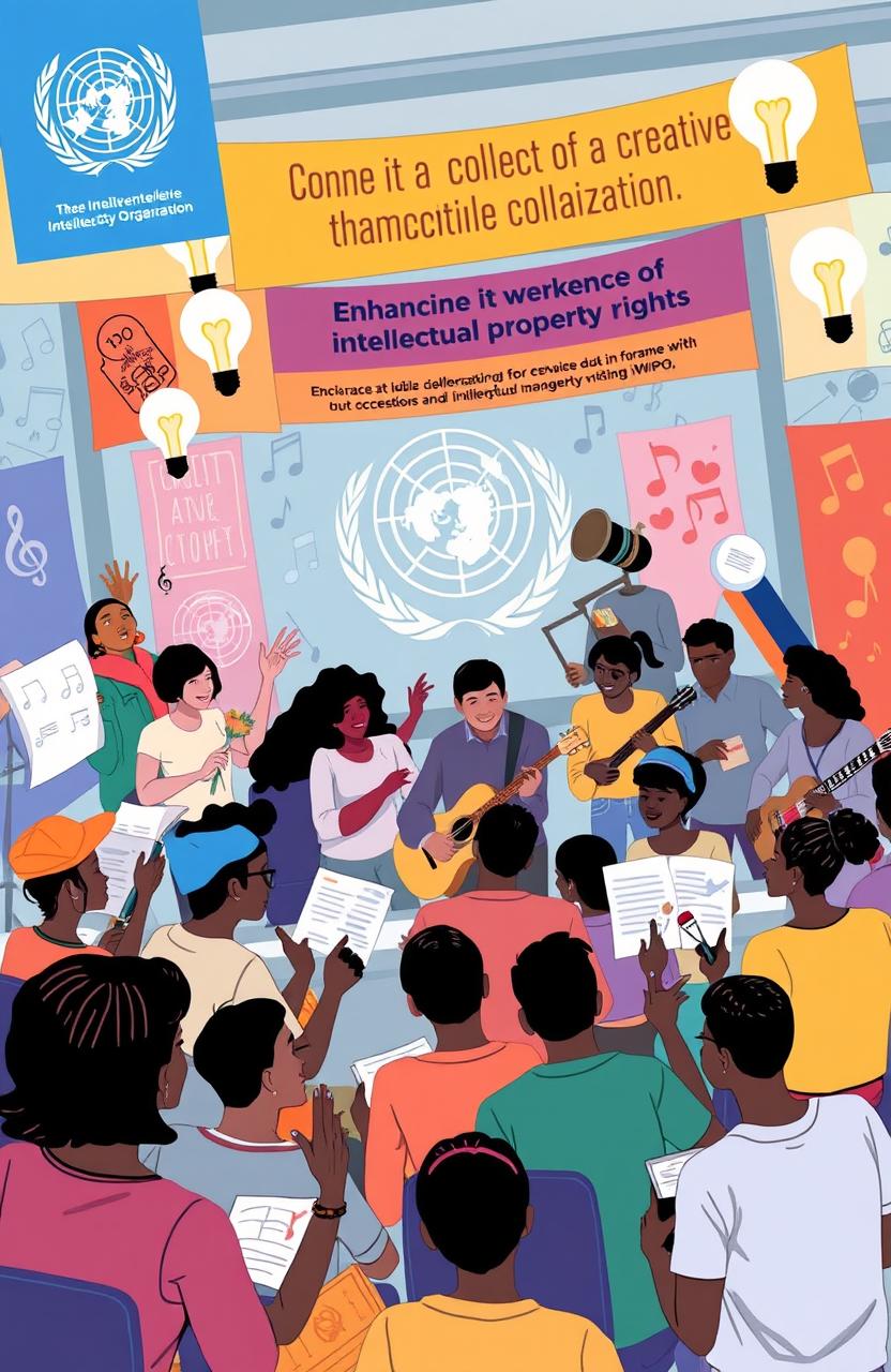 A vibrant and dynamic illustration representing a creative community engaged in collaboration with UN organizations, specifically the World Intellectual Property Organization (WIPO)