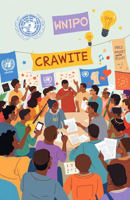 A vibrant and dynamic illustration representing a creative community engaged in collaboration with UN organizations, specifically the World Intellectual Property Organization (WIPO)