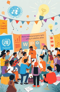 A vibrant and dynamic illustration representing a creative community engaged in collaboration with UN organizations, specifically the World Intellectual Property Organization (WIPO)