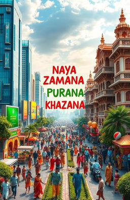 A vibrant and colorful scene depicting the phrase 'Naya Zamana Purana Khazana', featuring a mix of modern and traditional elements