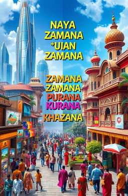 A vibrant and colorful scene depicting the phrase 'Naya Zamana Purana Khazana', featuring a mix of modern and traditional elements