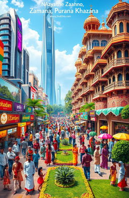 A vibrant and colorful scene depicting the phrase 'Naya Zamana Purana Khazana', featuring a mix of modern and traditional elements