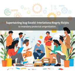 A creative and engaging visual representation of a community coming together to form partnerships with the World Intellectual Property Organization (WIPO) to enhance intellectual property rights
