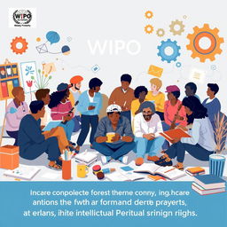 A creative and engaging visual representation of a community coming together to form partnerships with the World Intellectual Property Organization (WIPO) to enhance intellectual property rights