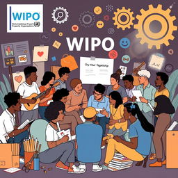 A creative and engaging visual representation of a community coming together to form partnerships with the World Intellectual Property Organization (WIPO) to enhance intellectual property rights