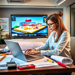 A focused office setting showcasing a BIM Quantity Surveyor (QS) working diligently on a project