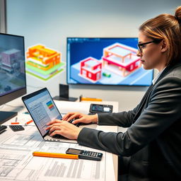 A focused office setting showcasing a BIM Quantity Surveyor (QS) working diligently on a project