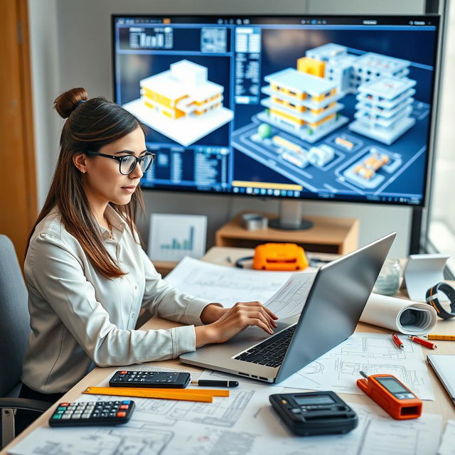 A focused office setting showcasing a BIM Quantity Surveyor (QS) working diligently on a project