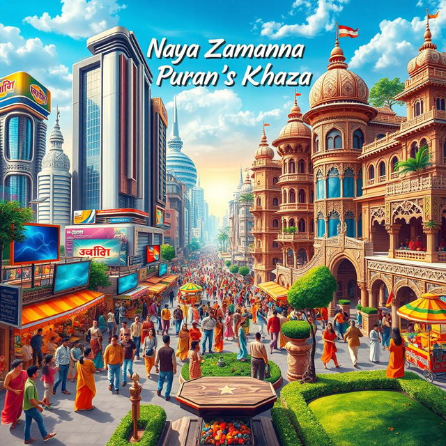 A vibrant and colorful scene depicting the phrase 'Naya Zamana Purana Khazana', featuring a mix of modern and traditional elements