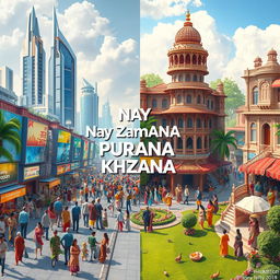 A vibrant and colorful scene depicting the phrase 'Naya Zamana Purana Khazana', featuring a mix of modern and traditional elements