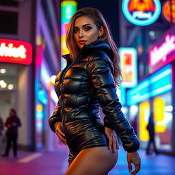 A strikingly attractive woman in a tight, shiny black puffer catsuit that accentuates her curves and showcases her big boobs