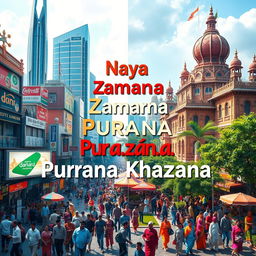 A vibrant and colorful scene depicting the phrase 'Naya Zamana Purana Khazana', featuring a mix of modern and traditional elements