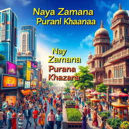 A vibrant and colorful scene depicting the phrase 'Naya Zamana Purana Khazana', featuring a mix of modern and traditional elements