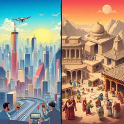 A captivating split-scene illustration comparing the modern world to the ancient world