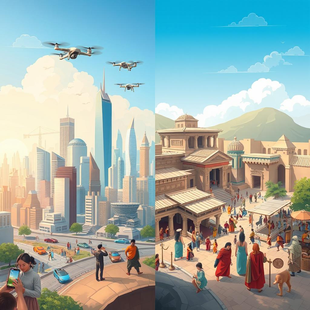 A captivating split-scene illustration comparing the modern world to the ancient world