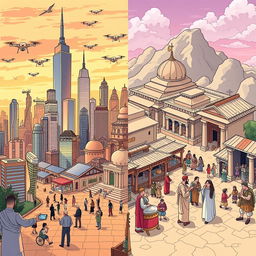 A captivating split-scene illustration comparing the modern world to the ancient world