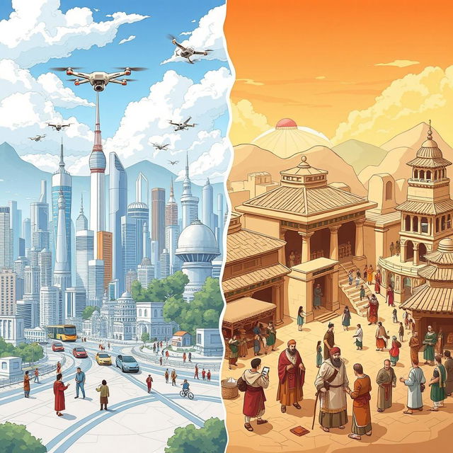 A captivating split-scene illustration comparing the modern world to the ancient world