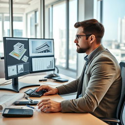 A focused office environment featuring a male BIM Quantity Surveyor (QS) in his thirties, diligently working on construction cost analysis