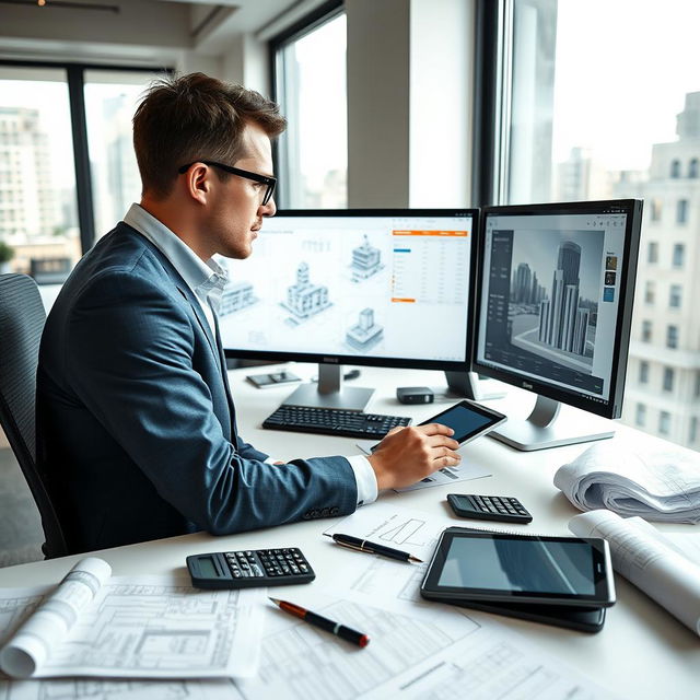 A focused office environment featuring a male BIM Quantity Surveyor (QS) in his thirties, diligently working on construction cost analysis