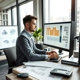 A focused office environment featuring a male BIM Quantity Surveyor (QS) in his thirties, diligently working on construction cost analysis