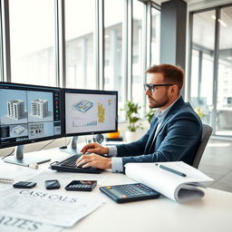 A focused office environment featuring a male BIM Quantity Surveyor (QS) in his thirties, diligently working on construction cost analysis