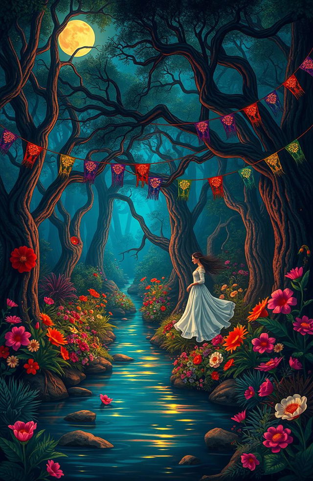 Depict a vibrant scene inspired by Mexican folklore and urban legends, featuring a mystical forest filled with ancient trees, vibrant flowers, and folklore creatures like La Llorona, a weeping woman in a flowing white dress