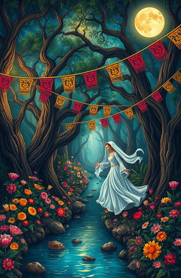 Depict a vibrant scene inspired by Mexican folklore and urban legends, featuring a mystical forest filled with ancient trees, vibrant flowers, and folklore creatures like La Llorona, a weeping woman in a flowing white dress
