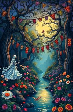 Depict a vibrant scene inspired by Mexican folklore and urban legends, featuring a mystical forest filled with ancient trees, vibrant flowers, and folklore creatures like La Llorona, a weeping woman in a flowing white dress