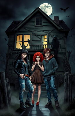 Three friends standing in front of a spooky, dilapidated haunted house at night