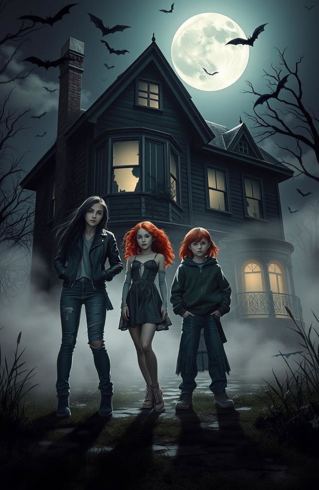 Three friends standing in front of a spooky, dilapidated haunted house at night