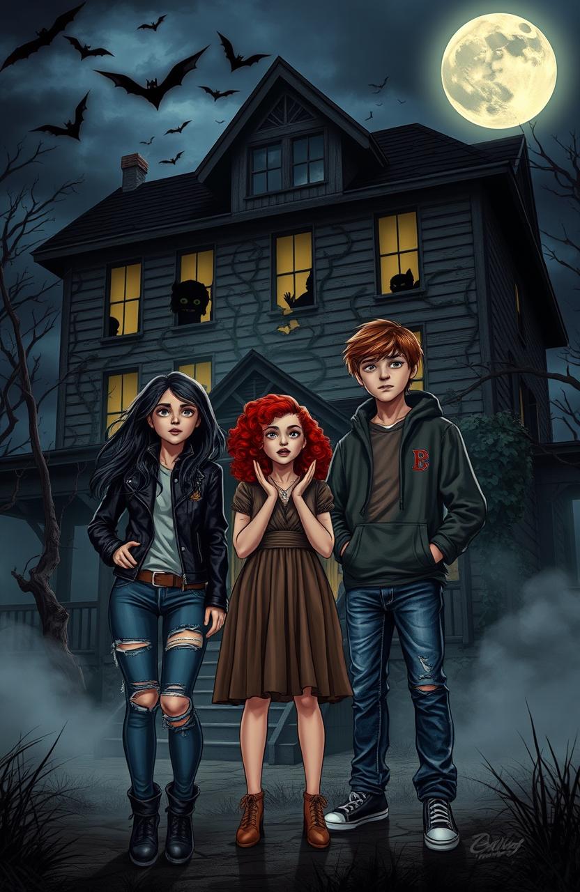 Three friends standing in front of a spooky, dilapidated haunted house at night