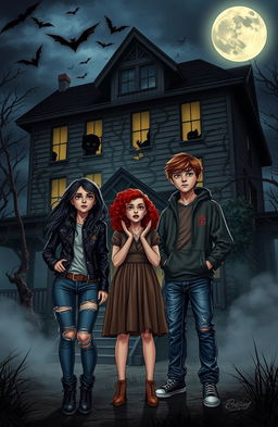 Three friends standing in front of a spooky, dilapidated haunted house at night