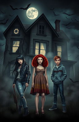 Three friends standing in front of a spooky, dilapidated haunted house at night